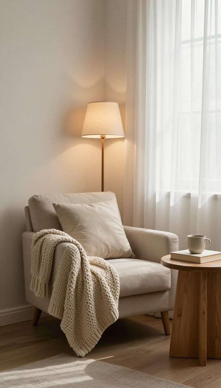 Cozy reading nook in a small bedroom with an armchair, throw blanket, side table, and warm lamp light