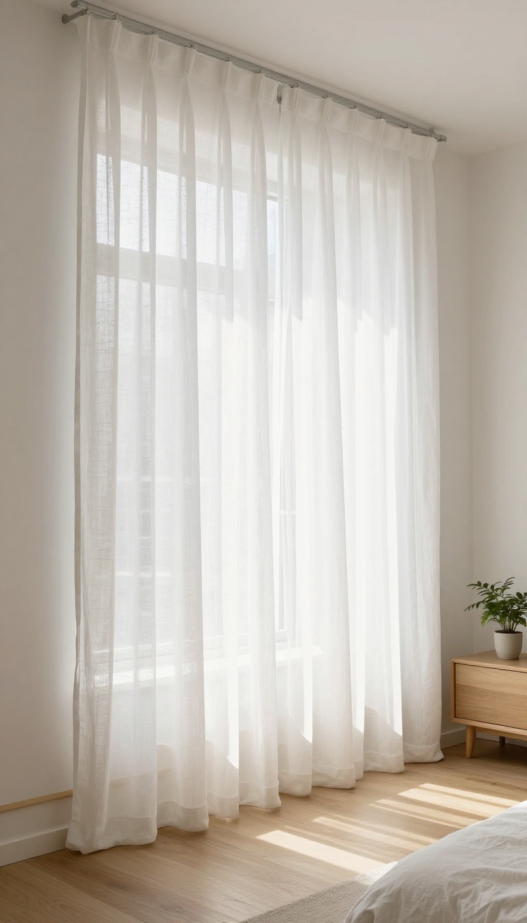 Small bedroom with sheer white curtains letting in natural light, making the space feel larger and airier.