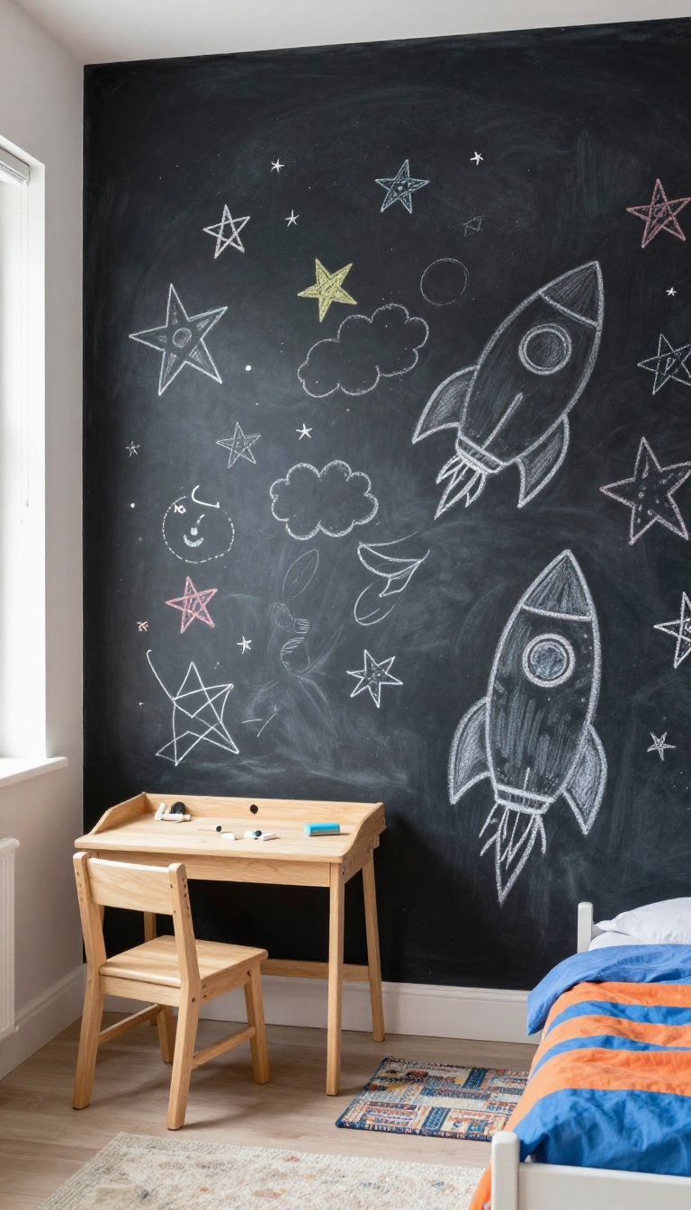 Boy's bedroom with a chalkboard wall featuring colorful drawings, a desk, and a bed, in bright natural light.