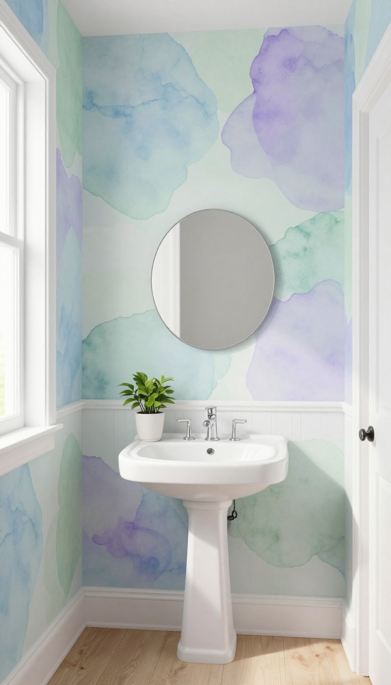 Guest bathroom with abstract watercolor wallpaper in soft pastel tones, featuring a pedestal sink and natural light
