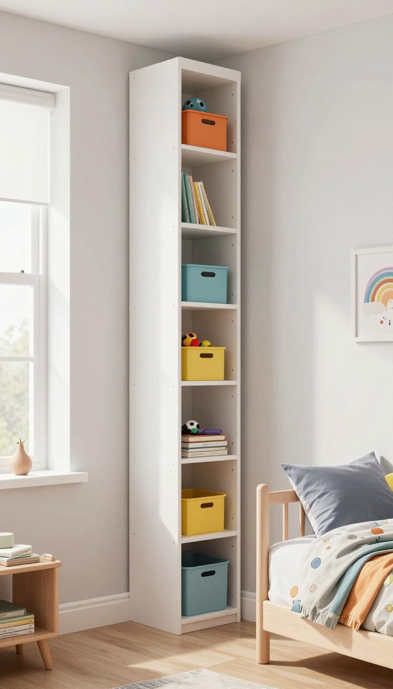 Vertical storage tower in a small boys' bedroom, organized with toys and books, maximizing vertical space.