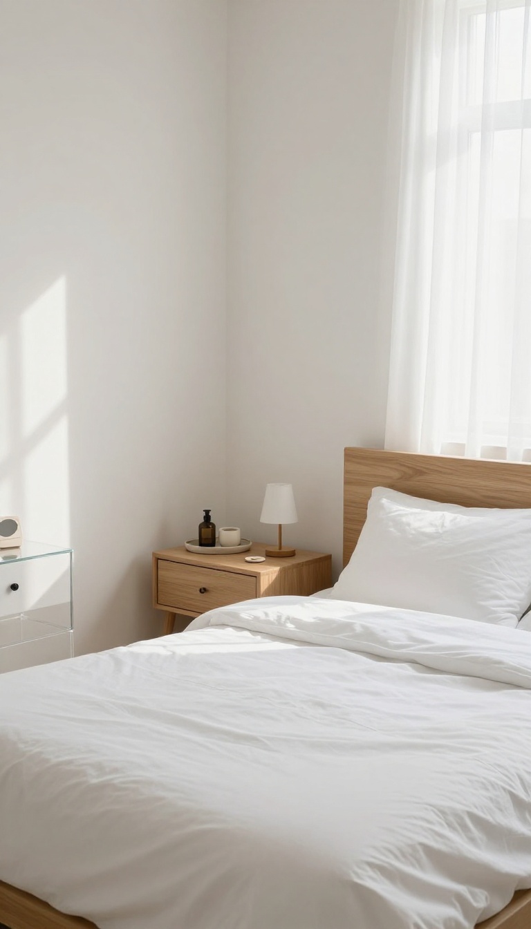 Minimalist guest bedroom with clear nightstand and dresser surfaces, featuring a small tray and lamp, in bright natural light.