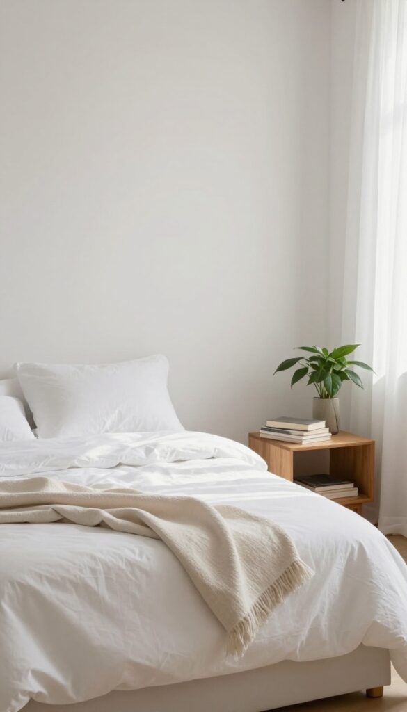 A neatly made bed in a bright, clean bedroom with sunlight and a plant, symbolizing a morning reset.