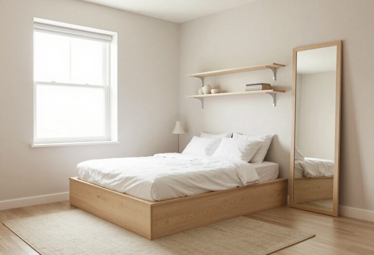 Small bedroom with platform bed and floating shelves, demonstrating space-saving ideas
