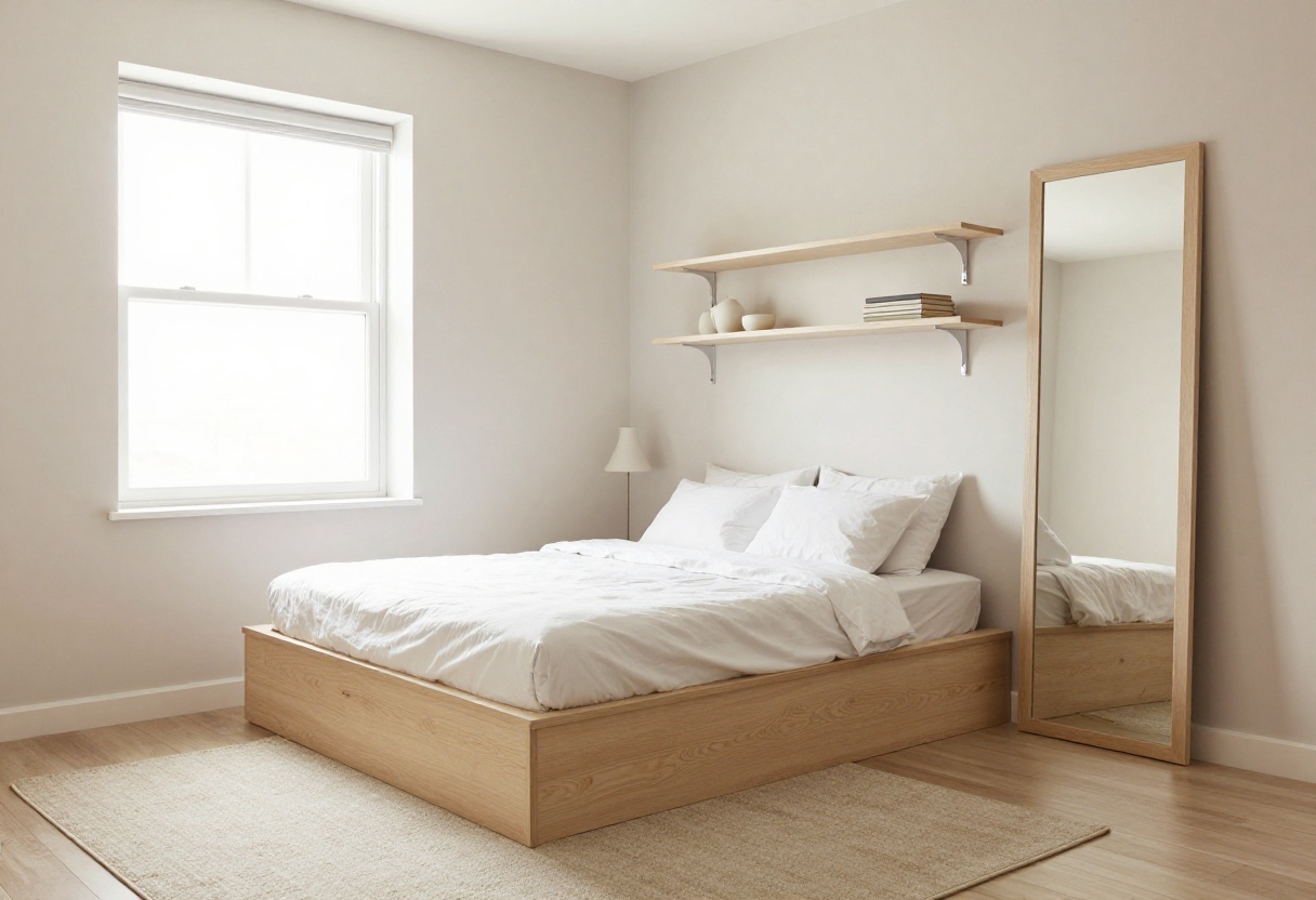 Small bedroom with platform bed and floating shelves, demonstrating space-saving ideas