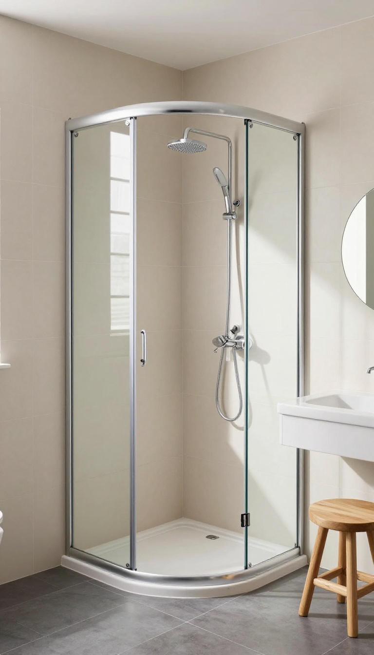 Corner shower enclosure with frameless glass and curved door in a bright, modern bathroom