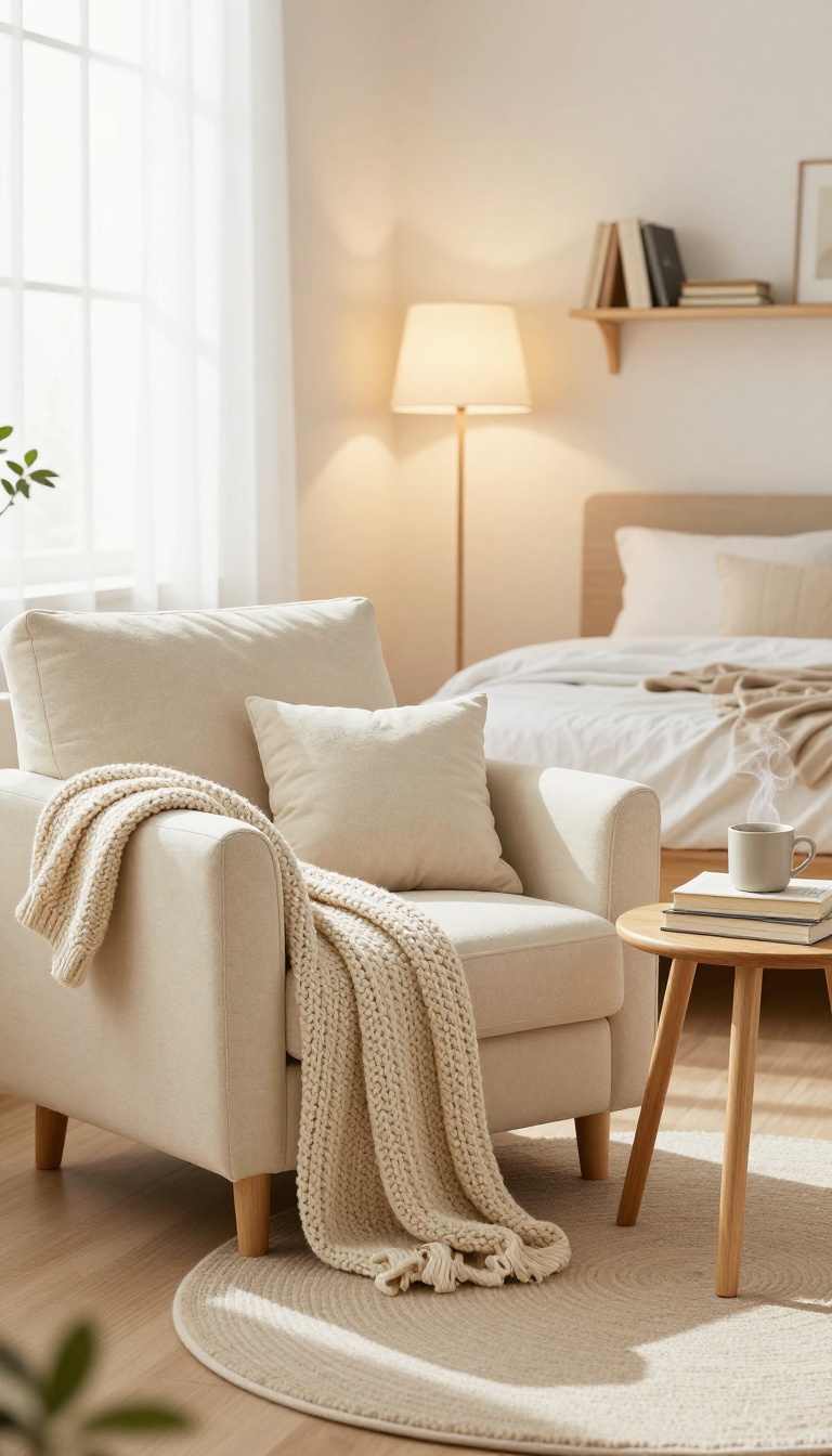 Cozy reading nook in a small bedroom with an armchair, warm lamp, books, and soft textiles.