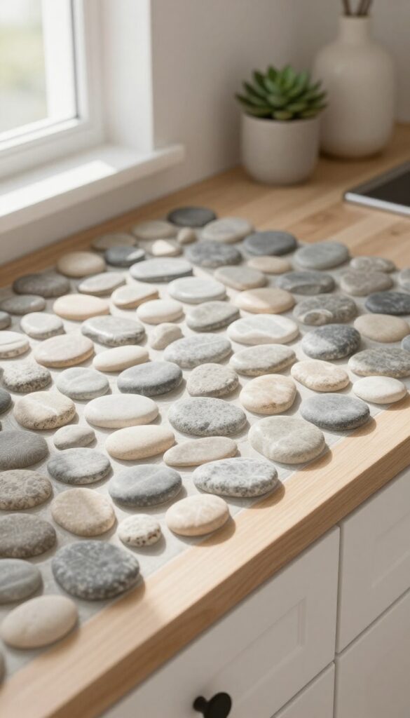 Close-up of a gray and beige pebble tile backsplash in a bright coastal kitchen with white cabinets and light wood countertop.