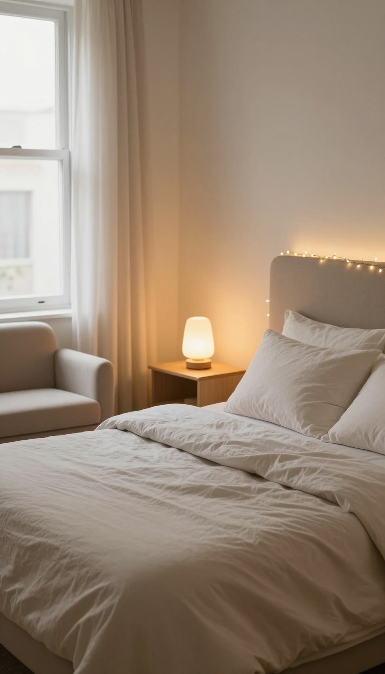 Cozy guest bedroom with warm ambient lighting from a bedside lamp, floor lamp, and string lights