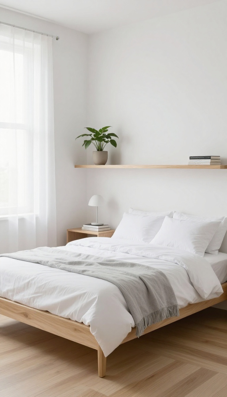 Small guest bedroom with floating nightstands mounted on the wall, open floor space, and bright natural light