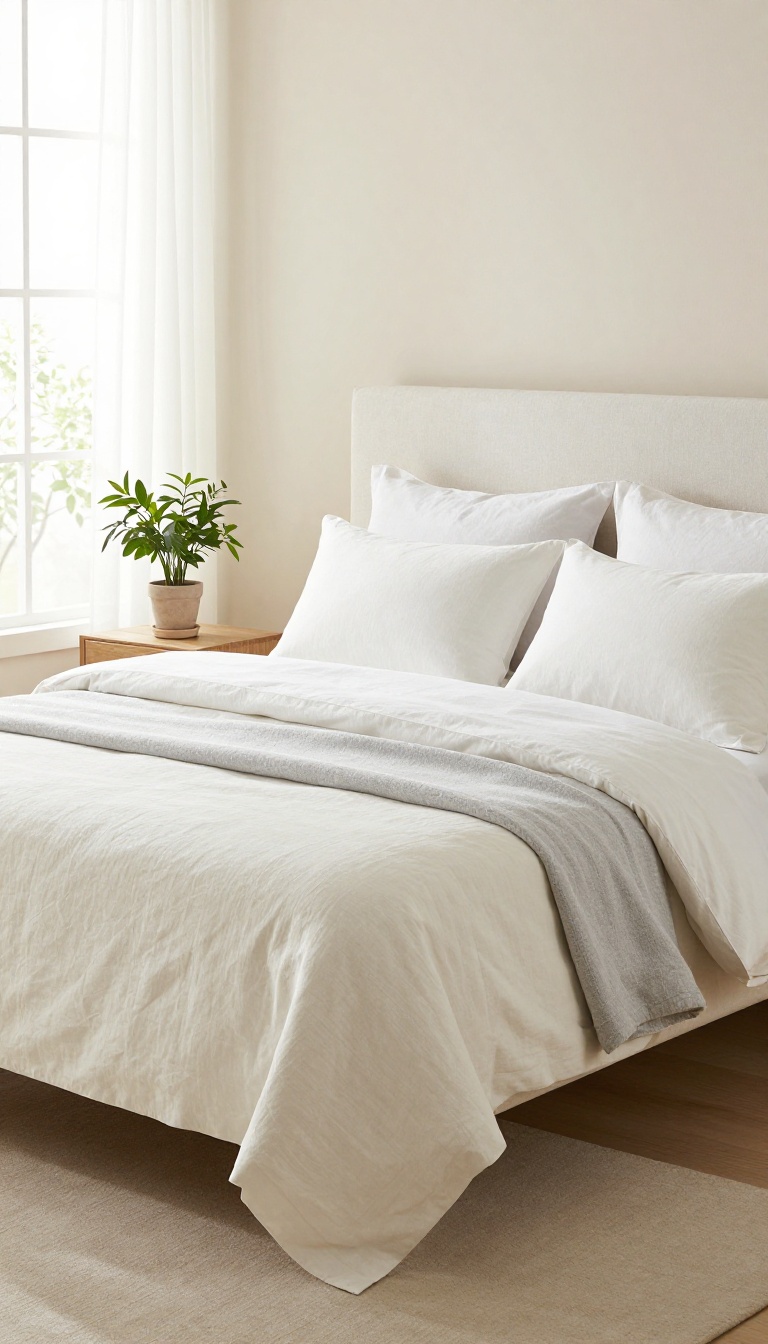 Guest bedroom with luxurious white linen bedding, layered pillows, and a cozy blanket, bathed in natural light.