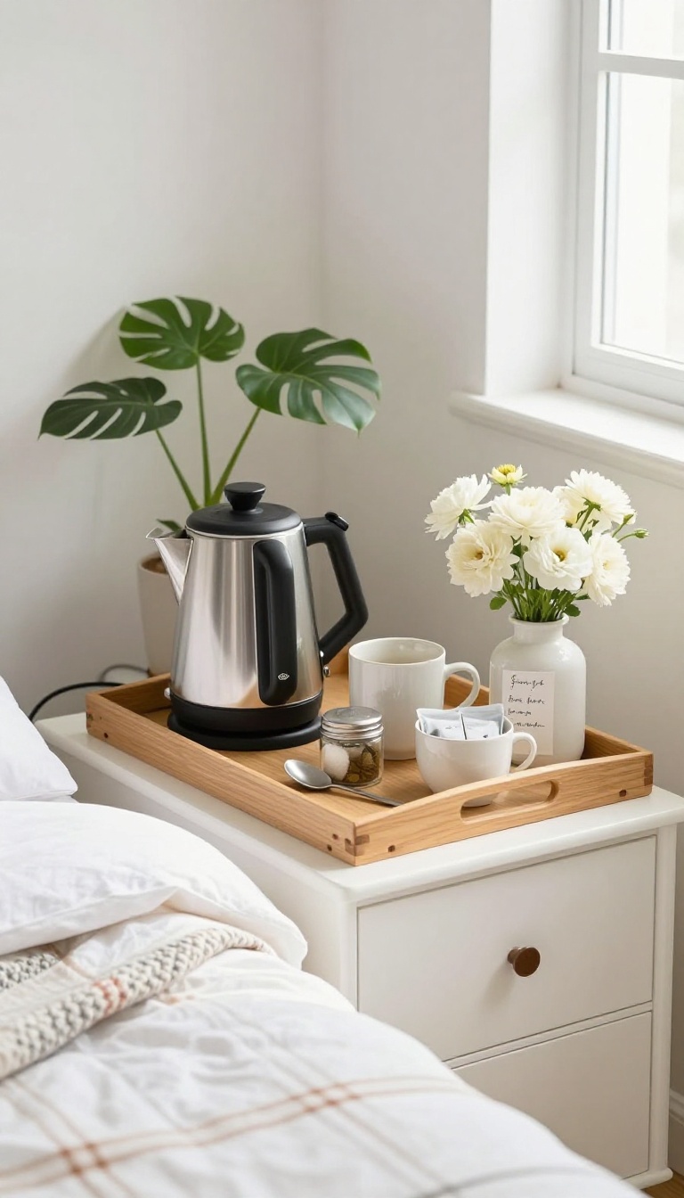 Guest bedroom coffee and tea station on a dresser with kettle, mugs, and fresh flowers