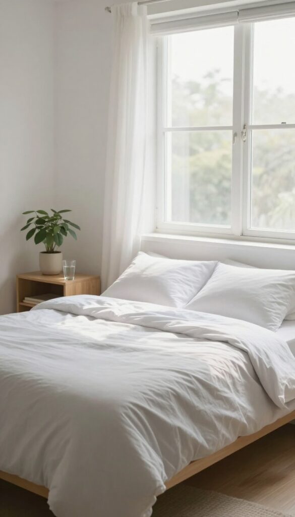 A neatly made bed in a bright, clean bedroom with sunlight coming through the window