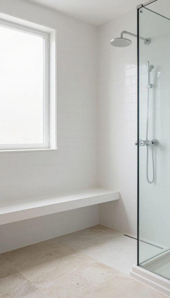 Curved built-in shower bench in a small bathroom corner, made of white tile, with natural light and glass shower enclosure.