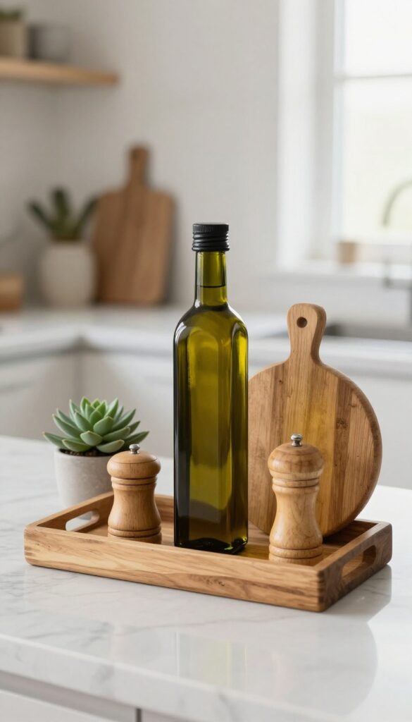 A wooden tray on a marble kitchen countertop holding olive oil, salt, pepper, and a small cutting board, with a succulent, in bright natural light.
