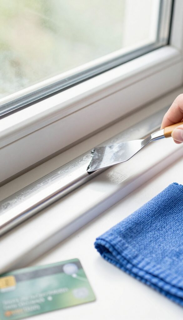 Scraping stubborn grime from a window track with an old credit card.