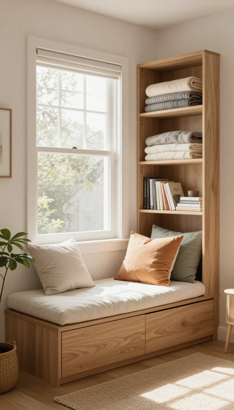 Cozy built-in window seat with storage in a bright bedroom corner