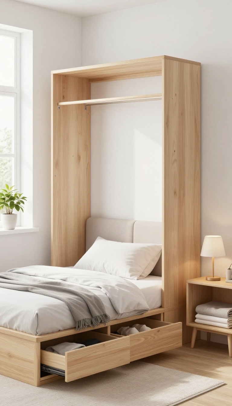 Modern small bedroom with a storage bed with built-in drawers, bright natural light, clean and tidy design