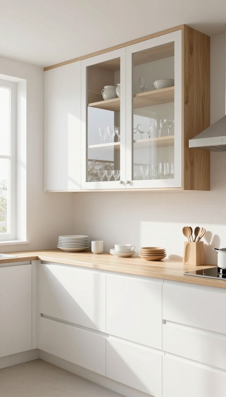 Kitchen upper cabinets with glass sides displaying dishware in natural light