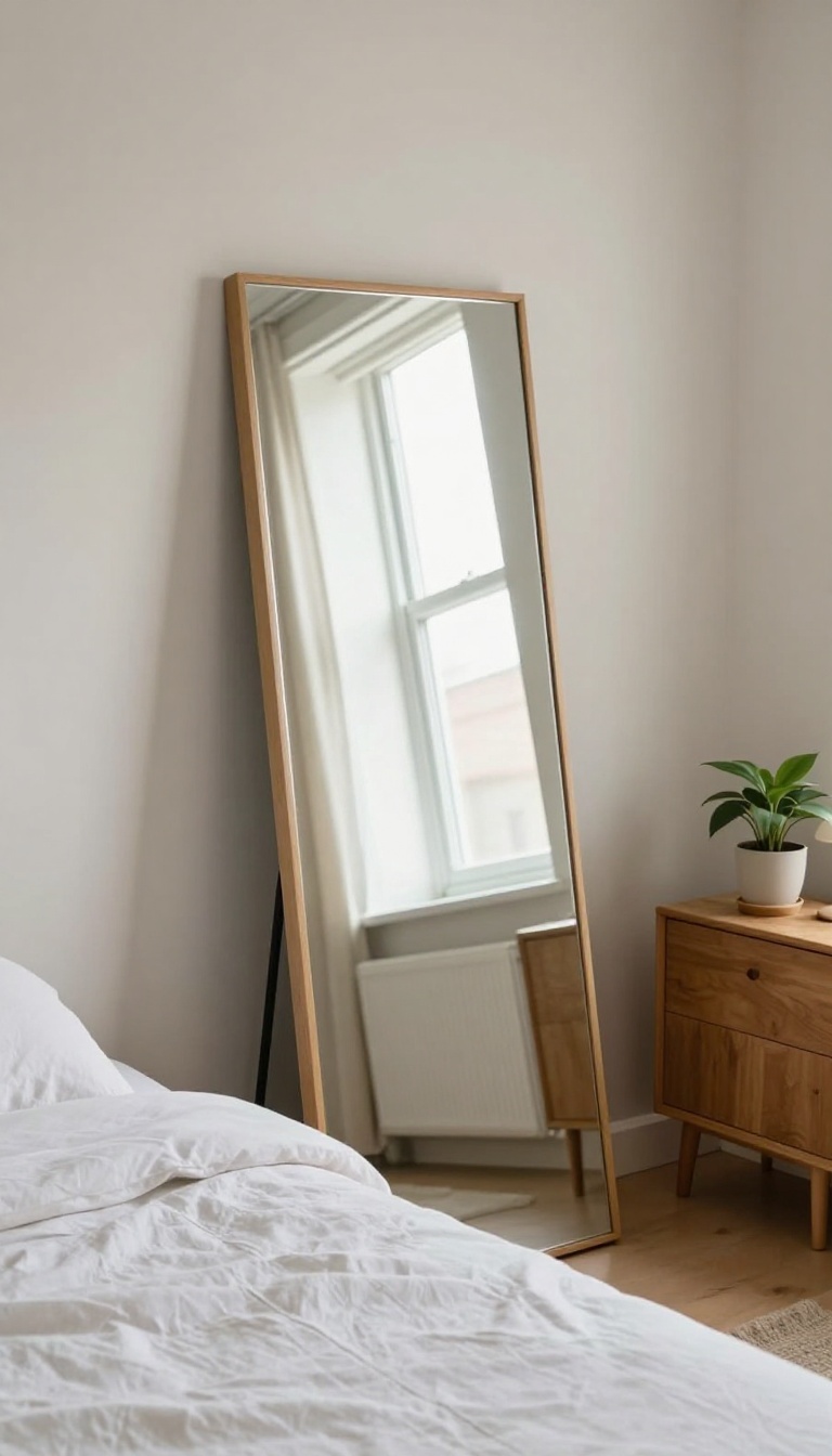 A large mirror in a small bedroom reflects a window, making the space feel larger and brighter.