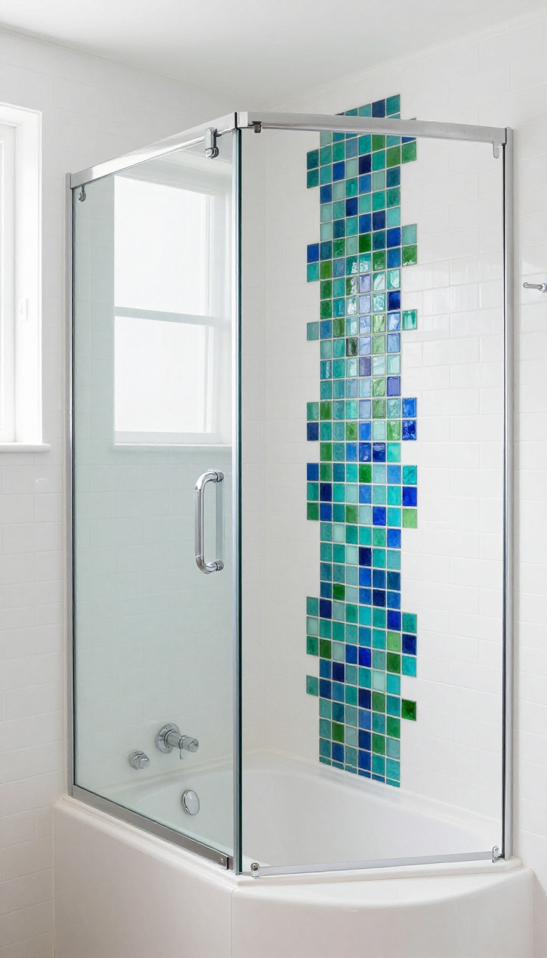 Bathroom with white subway tile and a colorful mosaic accent strip behind the tub shower