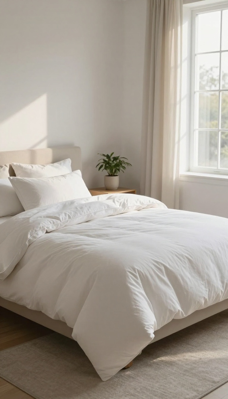 A cozy guest bed layered with plush bedding and pillows, bathed in natural light.