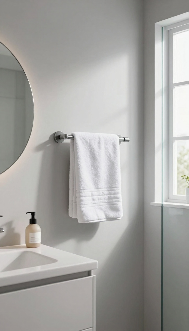 A modern guest bathroom with a wall-mounted towel warmer holding a fluffy white towel