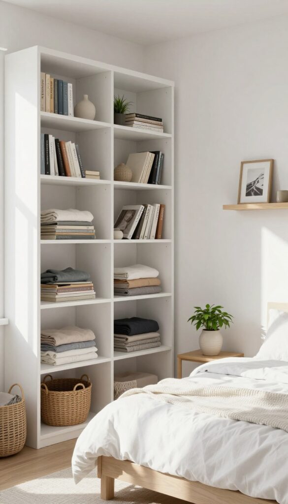 Small bedroom with vertical storage solutions, including a tall bookcase and floating shelves, in a bright, airy boutique style.