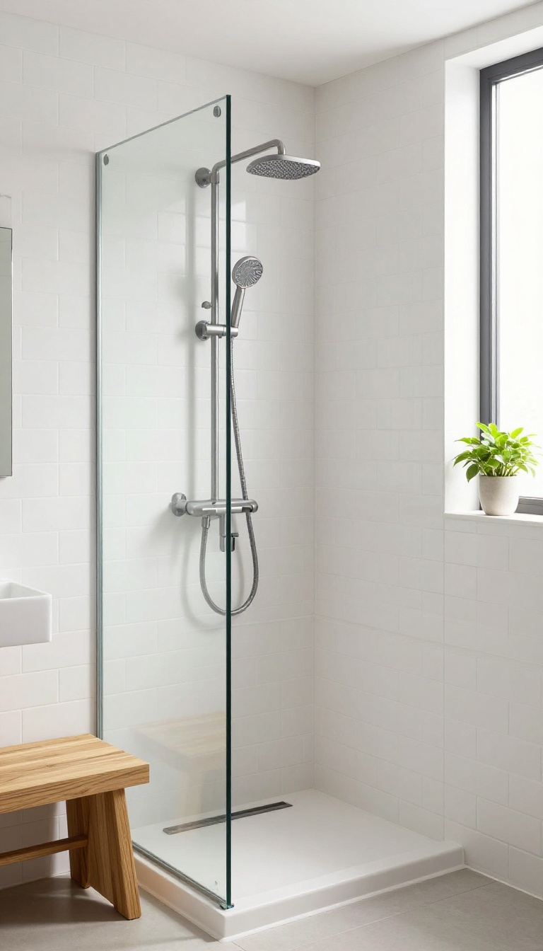 Wall-mounted shower system with handheld wand in a small modern bathroom