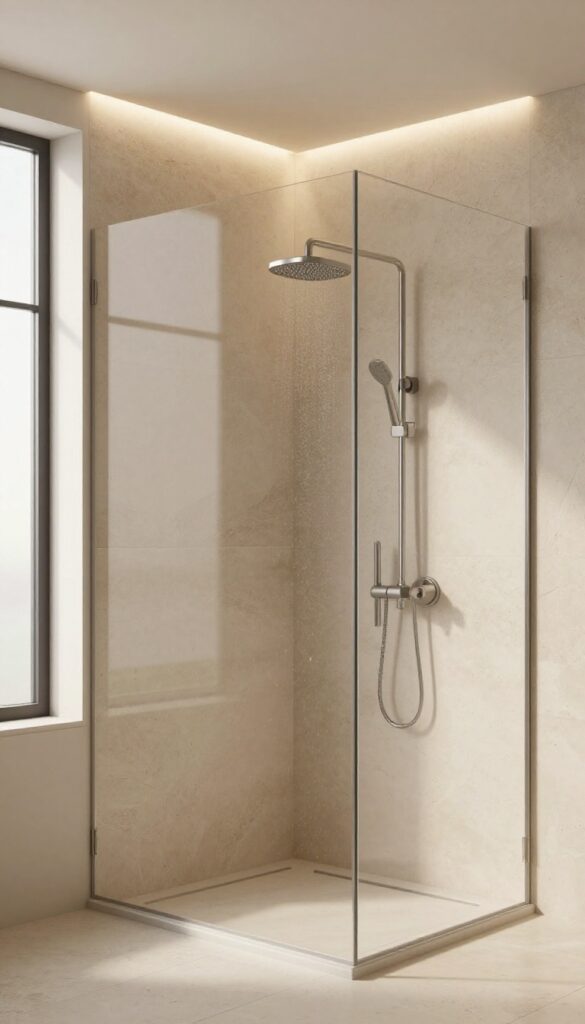 Modern shower with warm cove lighting in the ceiling creating a relaxing glow