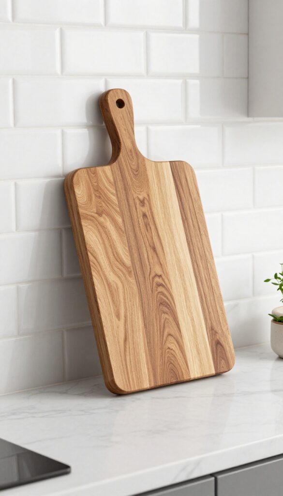 A wooden cutting board leaning against a white subway tile backsplash on a marble countertop in a bright, airy kitchen.