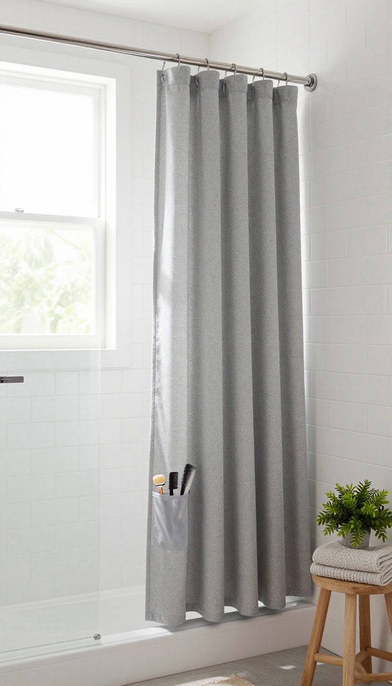 A modern bathroom with a shower curtain featuring a discreet bottom pocket holding small items like a razor and comb, reducing clutter.