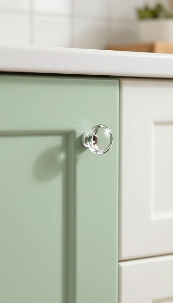 Close-up of a sage green kitchen cabinet with a clear glass knob, reflecting natural light in a bright, elegant kitchen.