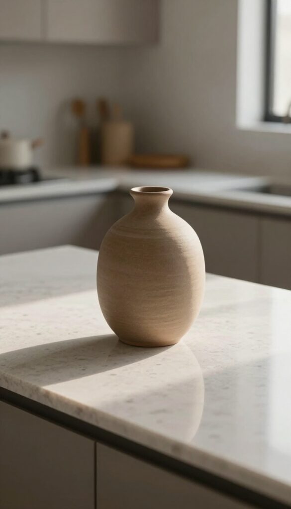 A single sculptural ceramic vase on a clean kitchen countertop, bathed in natural light, serving as a minimalist focal point.