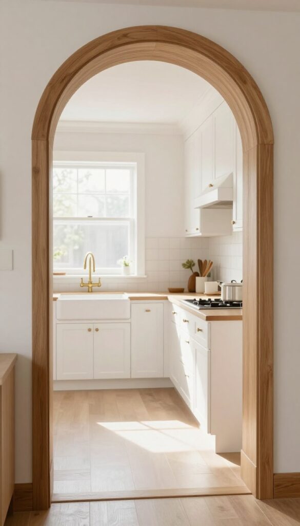 Arched doorway leading into a bright modern farmhouse kitchen with wooden trim and natural light