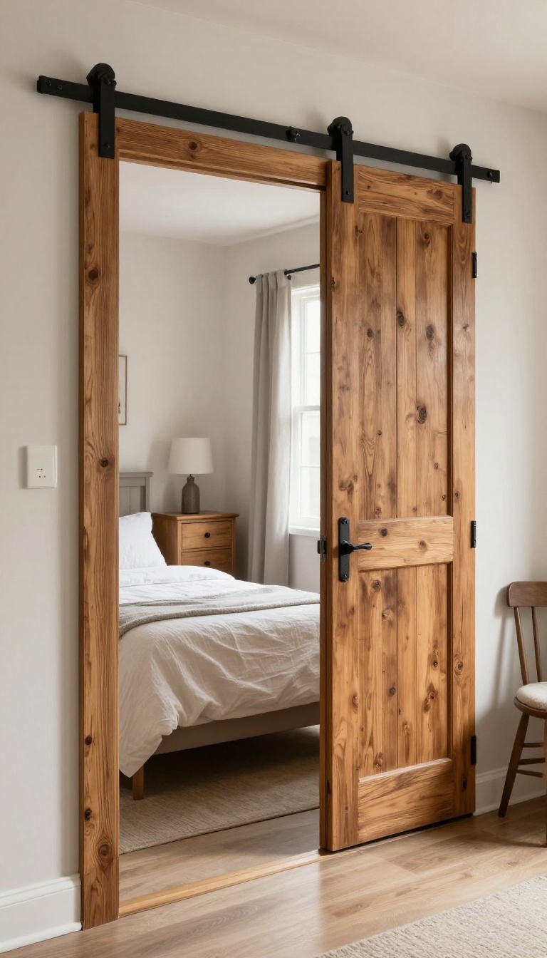 Small guest bedroom with a sliding barn door and space-saving furniture arrangement