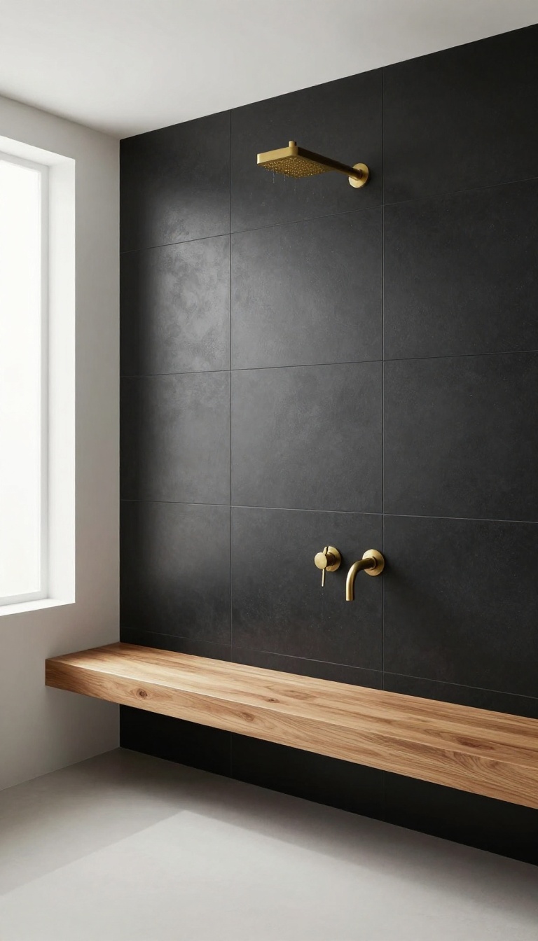 Modern shower with matte black tiles, teak bench, and brass fixtures