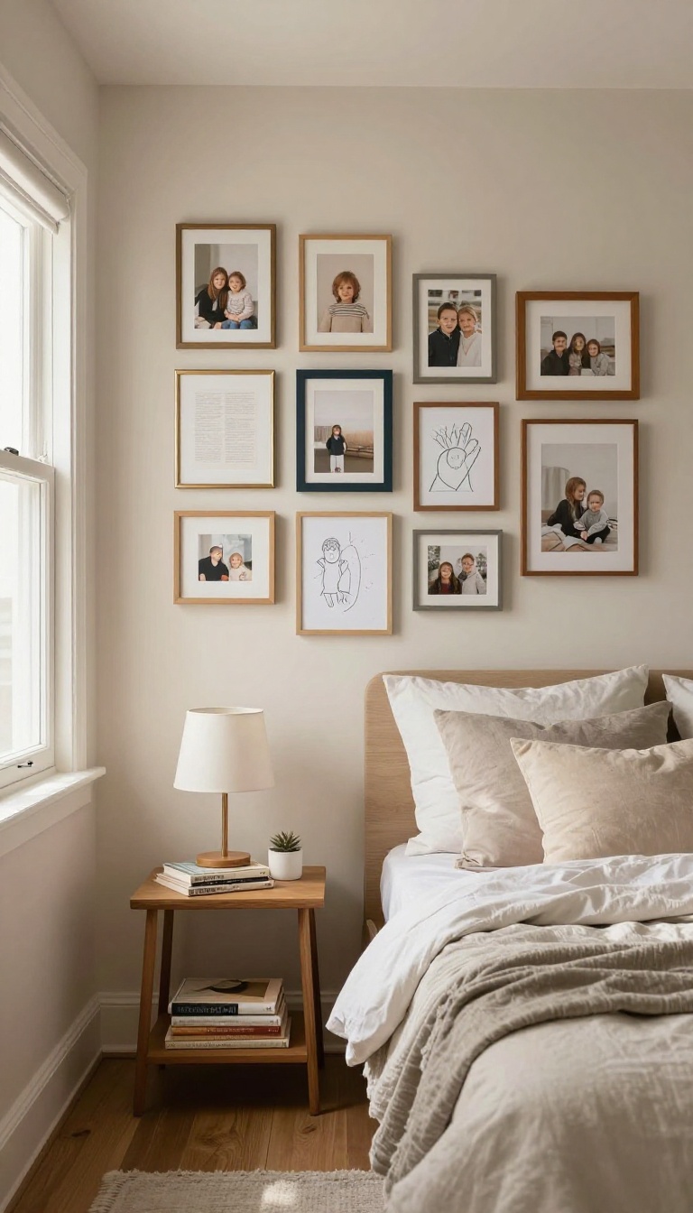 Cozy small bedroom with a gallery wall of personal art and mismatched frames, filled with natural light