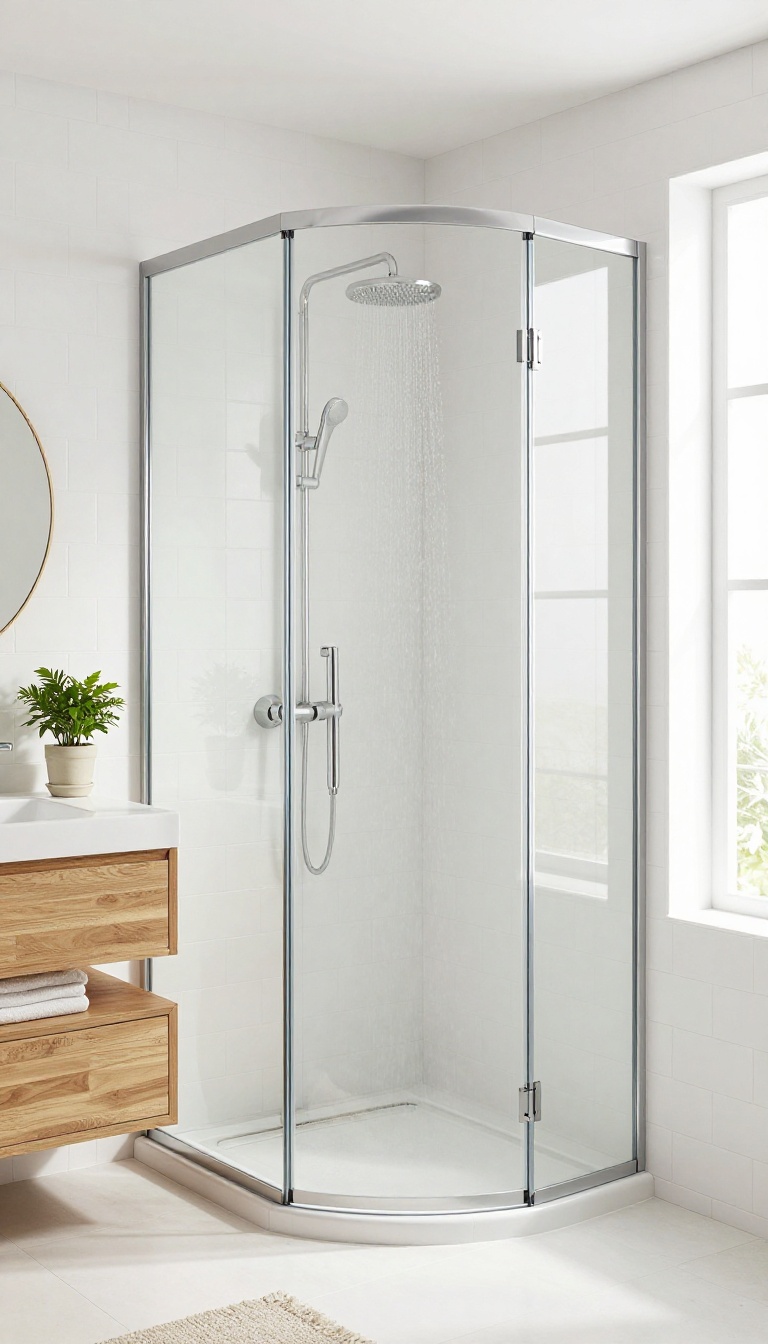 Curved glass shower screen in a corner bathroom, maximizing space with a modern, open design.