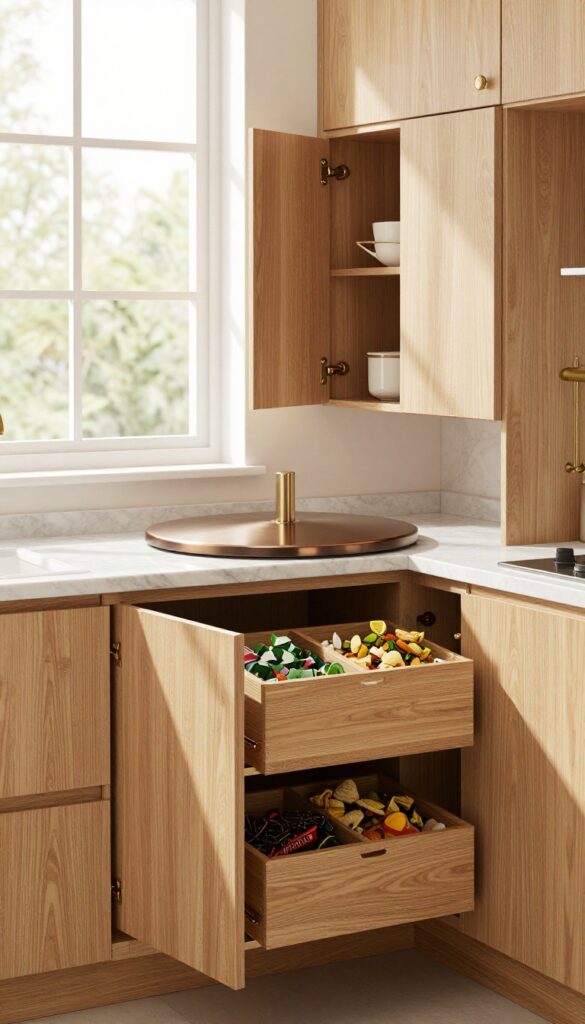 Warm kitchen corner cabinet with a lazy Susan carousel holding removable bins in wood and bronze tones, making recycling and waste storage accessible and organized.