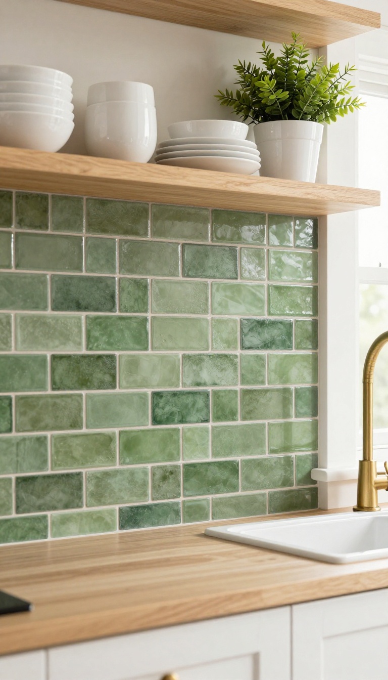 Olive green matte zellige tile backsplash in a kitchen with warm wood shelves and brass fixtures.