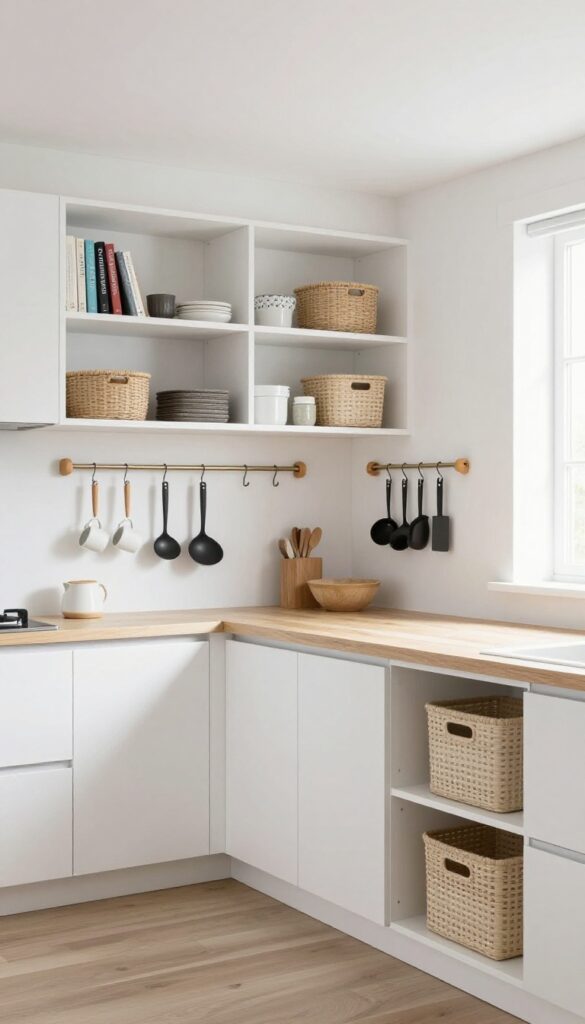 Modern small kitchen with vertical storage solutions including tall cabinets, hanging racks, magnetic strips, and under-shelf baskets