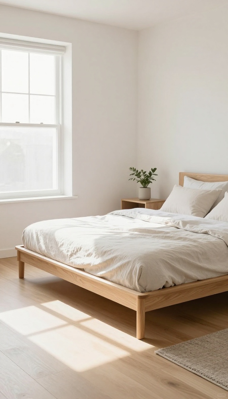 Low-profile bed frame in a small shared bedroom for couples, creating an open and airy feel with minimalist decor and natural light.
