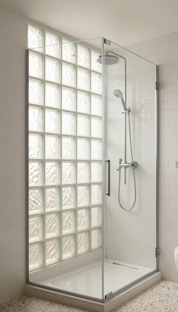 Compact shower stall with a glass block window providing privacy and natural light