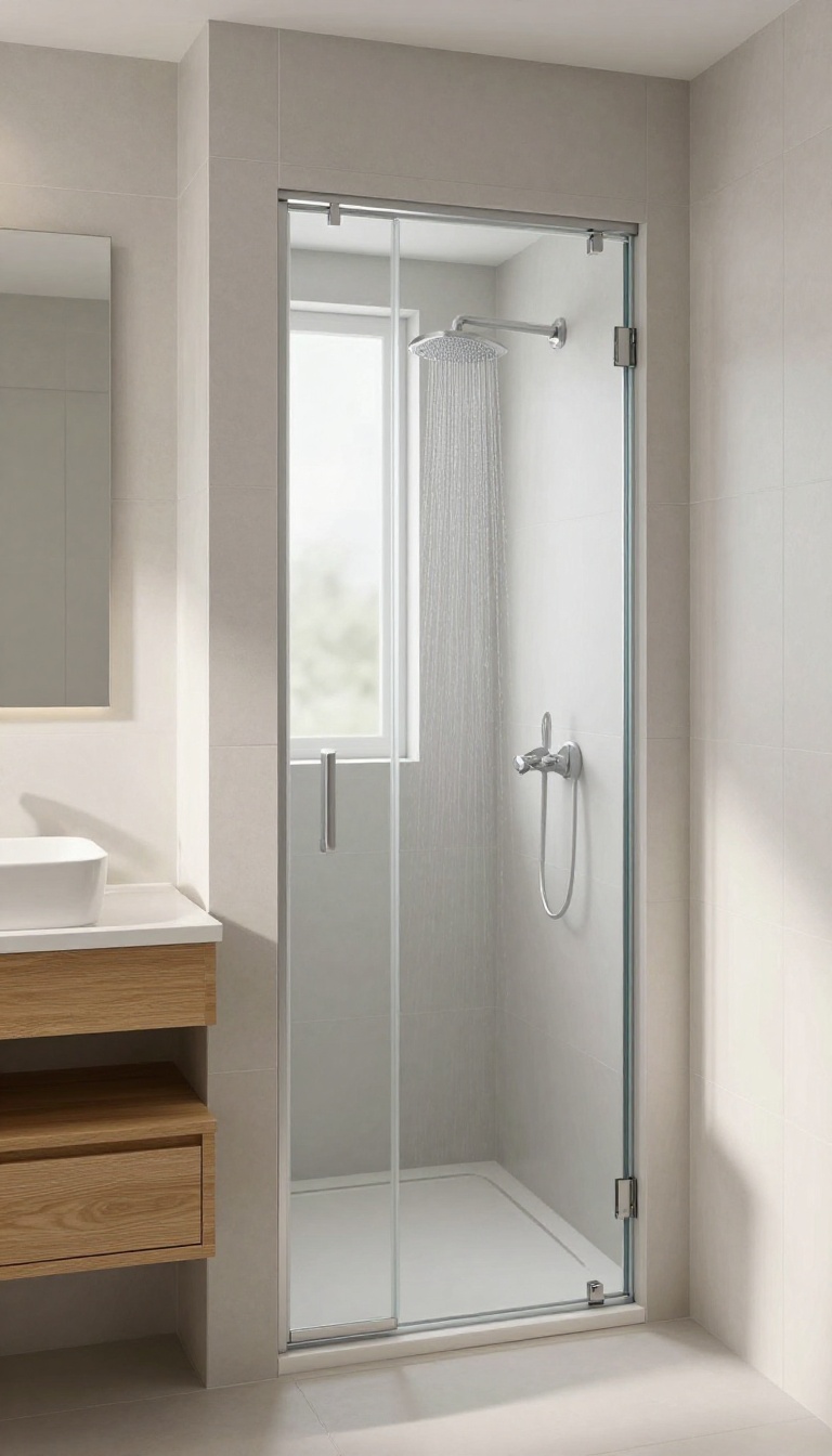 Compact shower-only bathroom with a pocket door sliding into the wall, maximizing space and creating a clean, minimalist look.