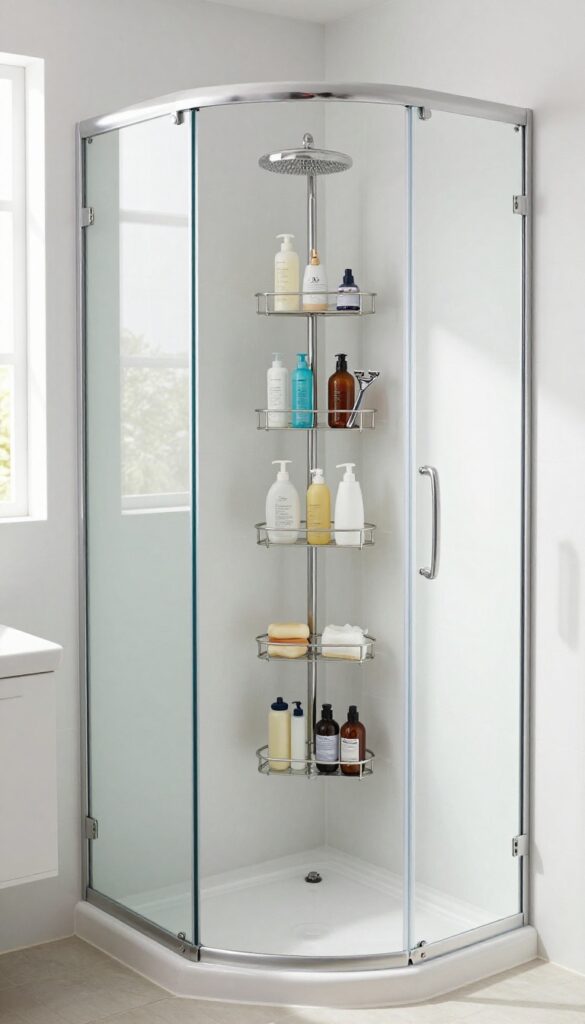 Corner shower caddy with vertical storage in a compact bathroom
