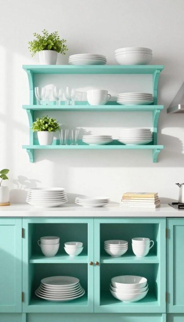 Open turquoise shelves in a bright kitchen with neatly arranged dishes and plants