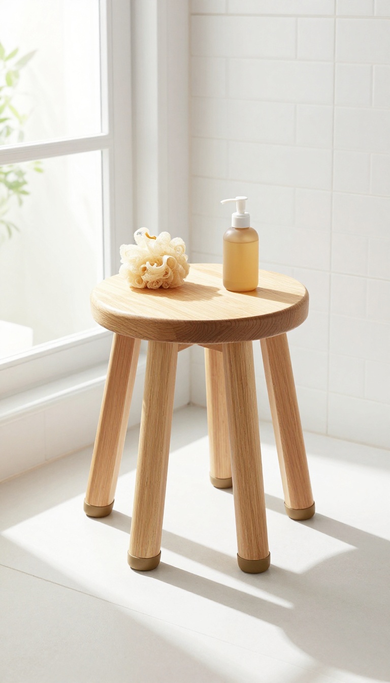 Compact round teak shower stool in a corner of a small modern shower