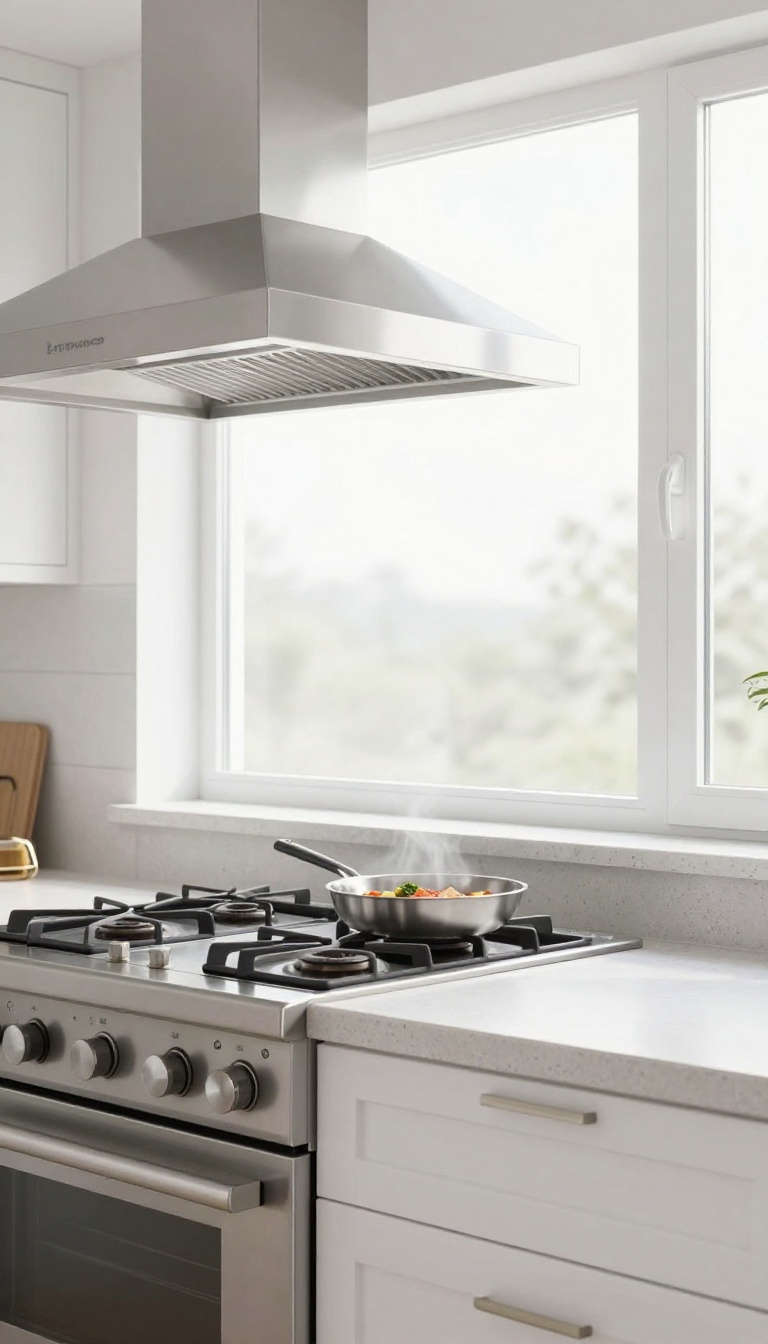 Modern kitchen island with a pop-up downdraft vent on a gas cooktop, pulling smoke downward in a bright, airy space.