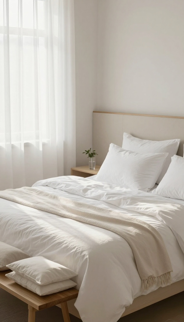 A guest bedroom with crisp white bedding, plush pillows, and a cozy, hotel-like atmosphere in natural light.